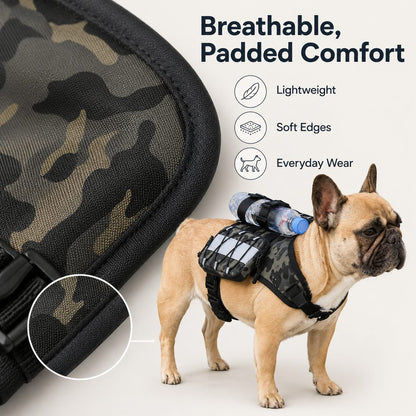 Ortekor Frenchie Tactical Dog Vest Backpack for Daily Walks - Reflective Small Dog Harness with Water Bottle Holder & Side Pockets