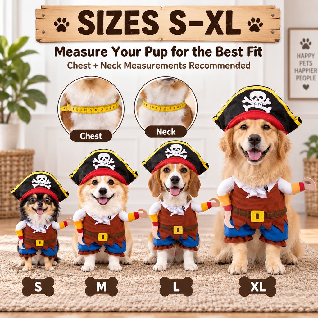 Ortekor Funny Pirate Dog Costume with Hat & Hook Arms - Complete Halloween Party & Photo Outfit for an Instant 3D Pirate Look