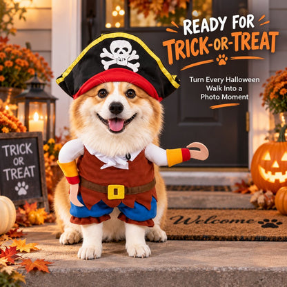 Ortekor Funny Pirate Dog Costume with Hat & Hook Arms - Complete Halloween Party & Photo Outfit for an Instant 3D Pirate Look