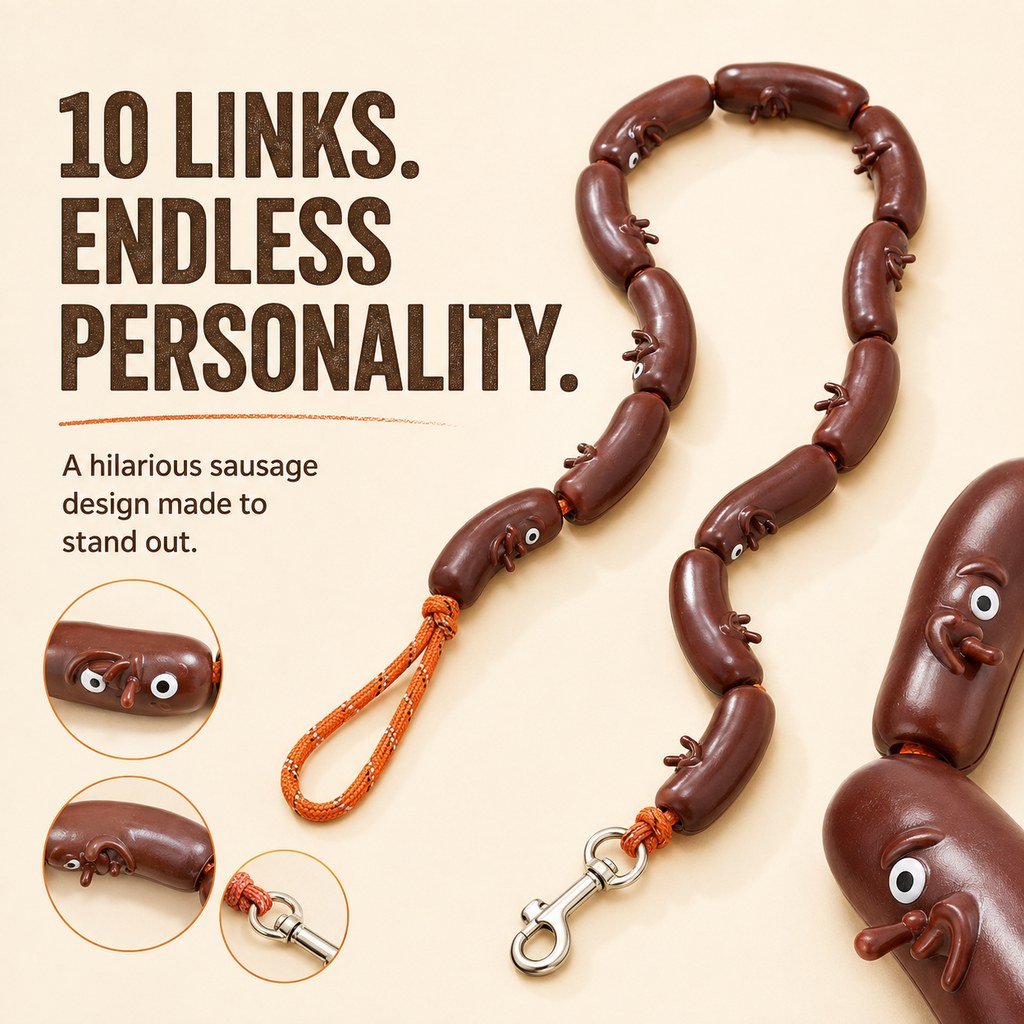 Ortekor Funny Sausage Link Dog Leash for Daily Walks – 10-Link 53 in Extended Lead with 360° Swivel Clasp to Help Reduce Twisting