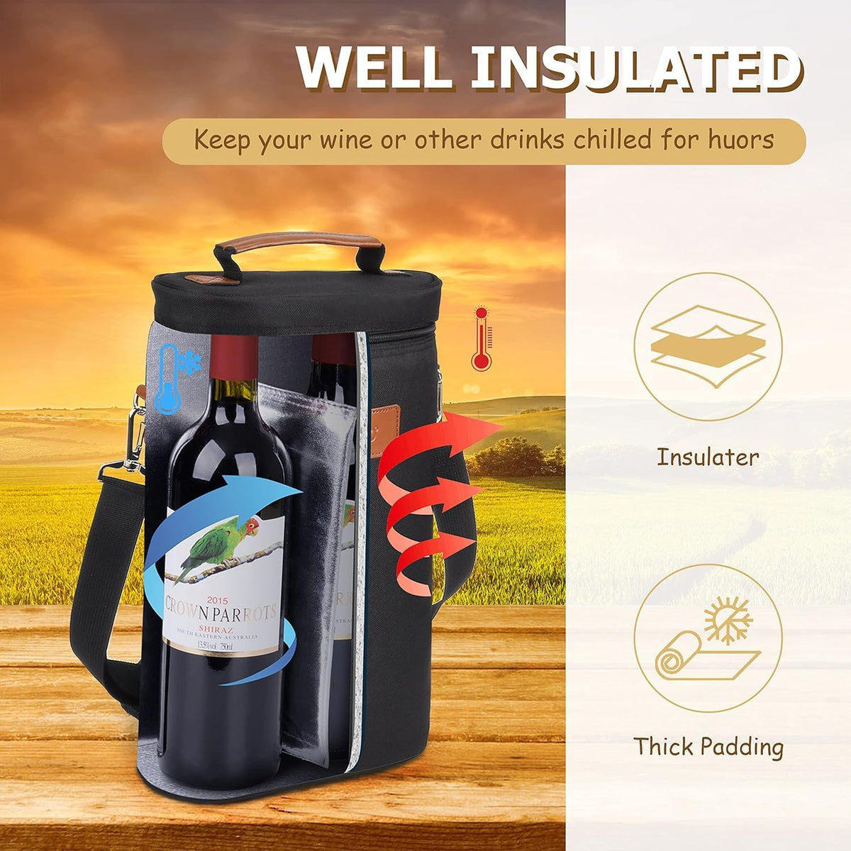 Double-Bottle Wine Tote with Padded Divider & Insulated Lining for Picnics, Travel, Parties