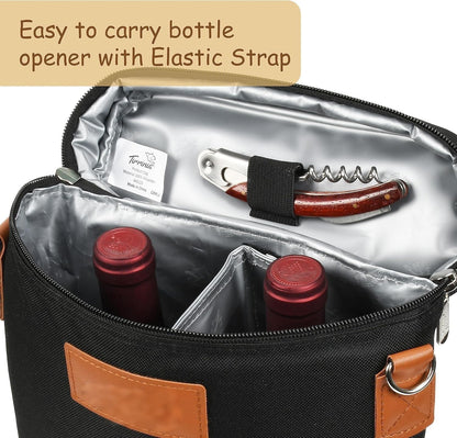 Double-Bottle Wine Tote with Padded Divider & Insulated Lining for Picnics, Travel, Parties