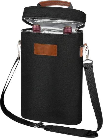 Double-Bottle Wine Tote with Padded Divider & Insulated Lining for Picnics, Travel, Parties