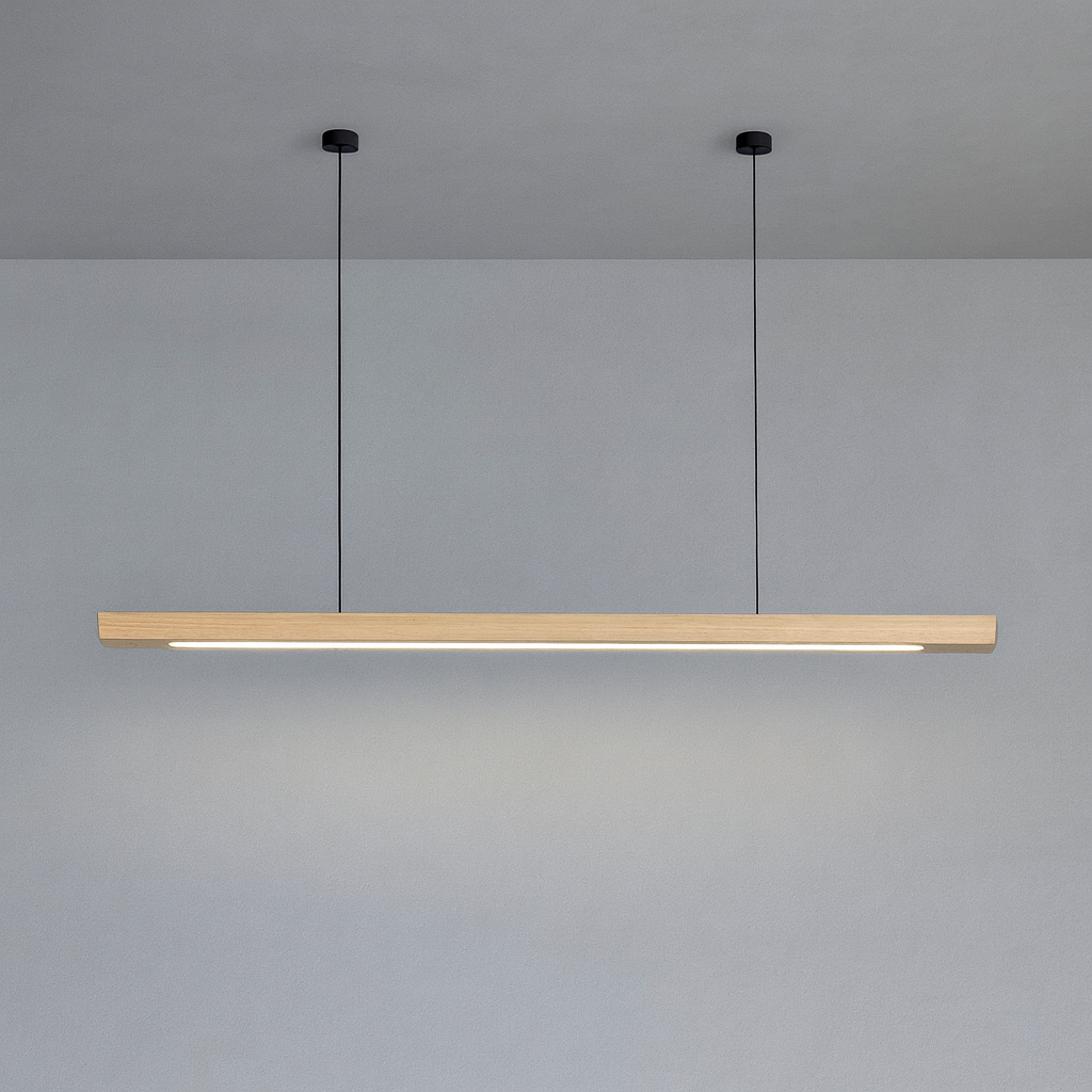 Linear Wood LED Pendant Light for Kitchen Island & Dining – Scandinavian Modern Hanging Fixture in Pine or Walnut