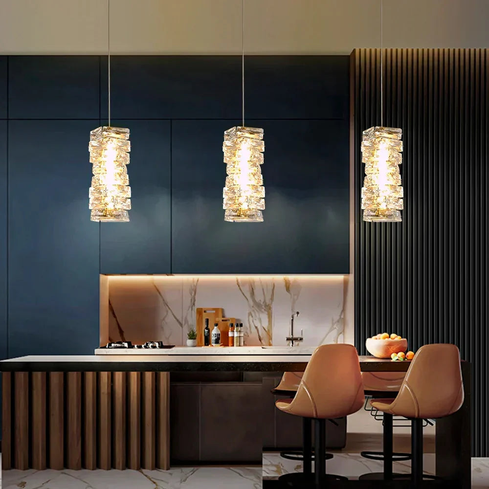 LED Crystal Pendant Fixture 5 in Wide Stacked Ice Block Hanging Lamp Gold Chrome Adjustable Cord for Countertops Dining Areas Modern Kitchen