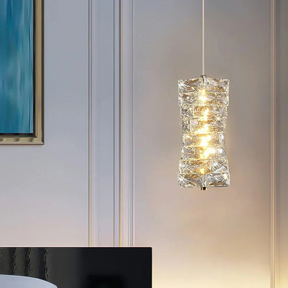 LED Crystal Pendant Fixture 5 in Wide Stacked Ice Block Hanging Lamp Gold Chrome Adjustable Cord for Countertops Dining Areas Modern Kitchen