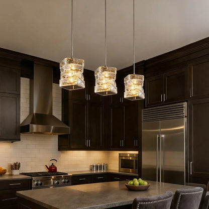 LED Crystal Pendant Fixture 5 in Wide Stacked Ice Block Hanging Lamp Gold Chrome Adjustable Cord for Countertops Dining Areas Modern Kitchen