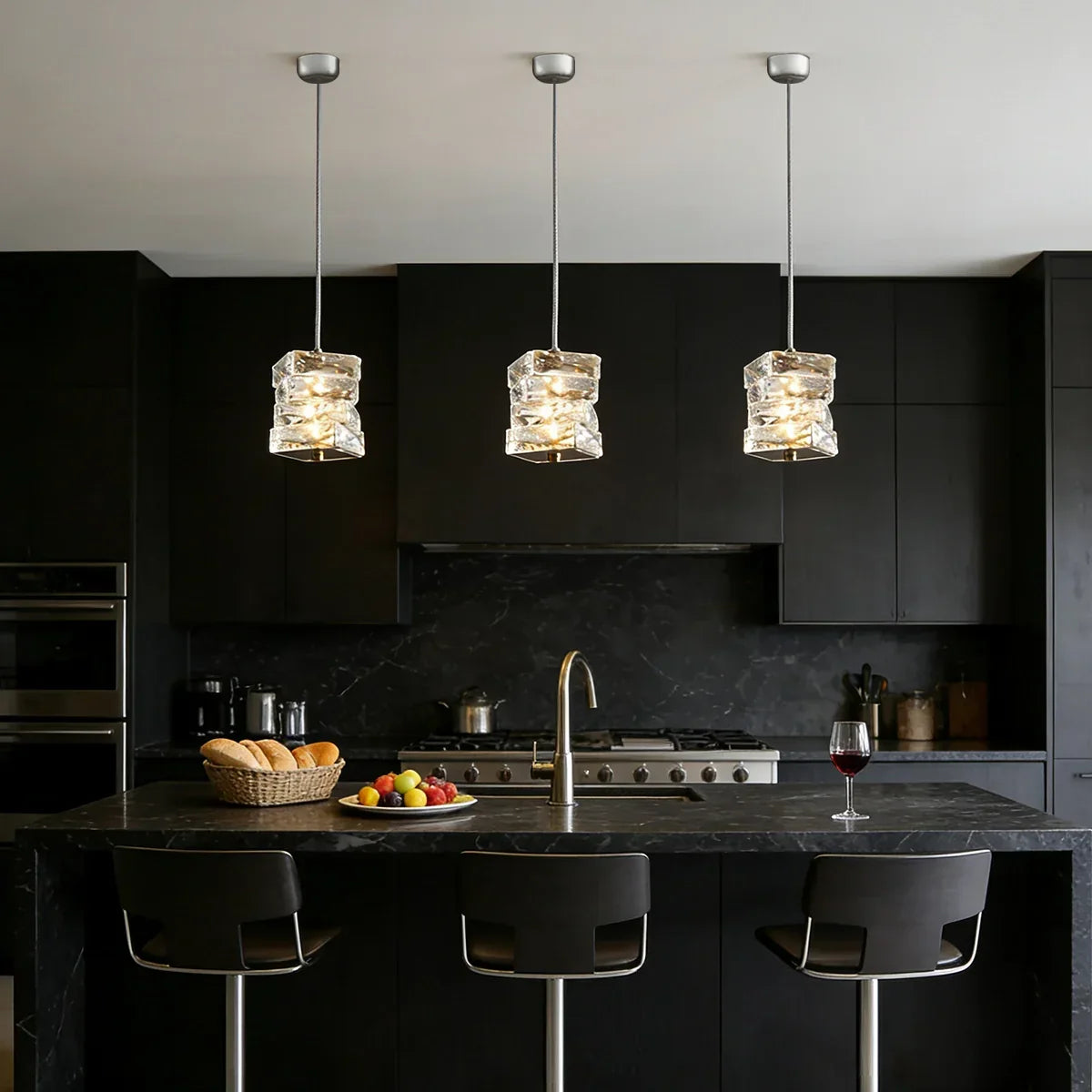 LED Crystal Pendant Fixture 5 in Wide Stacked Ice Block Hanging Lamp Gold Chrome Adjustable Cord for Countertops Dining Areas Modern Kitchen