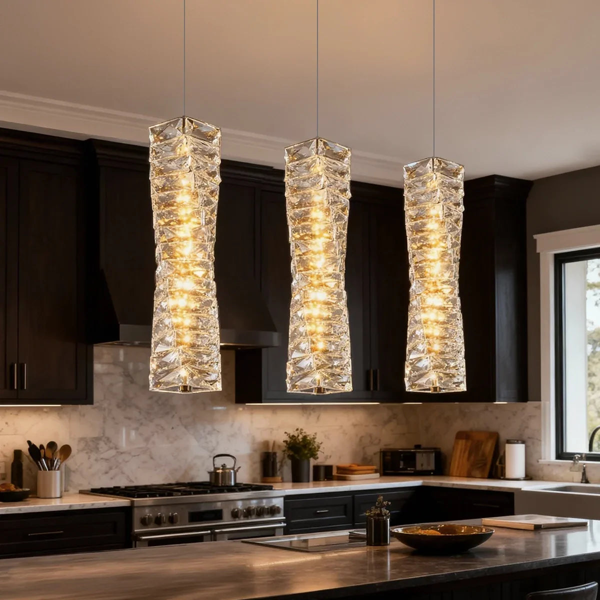 Layered Glass LED Hanging Light 10 in Vertical Drop Chrome Gold Kitchen Island Dining Room Ceiling Fixture Modern Stacked Crystal Pendant Ba
