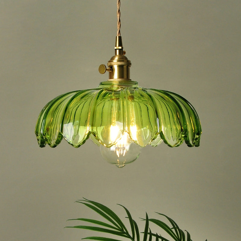 Floral Glass Shade Ceiling Fixture Green 10 Inch Adjustable Cord E27 Socket for Dining Room Kitchen Hallway Vintage Copper Accent Home Light