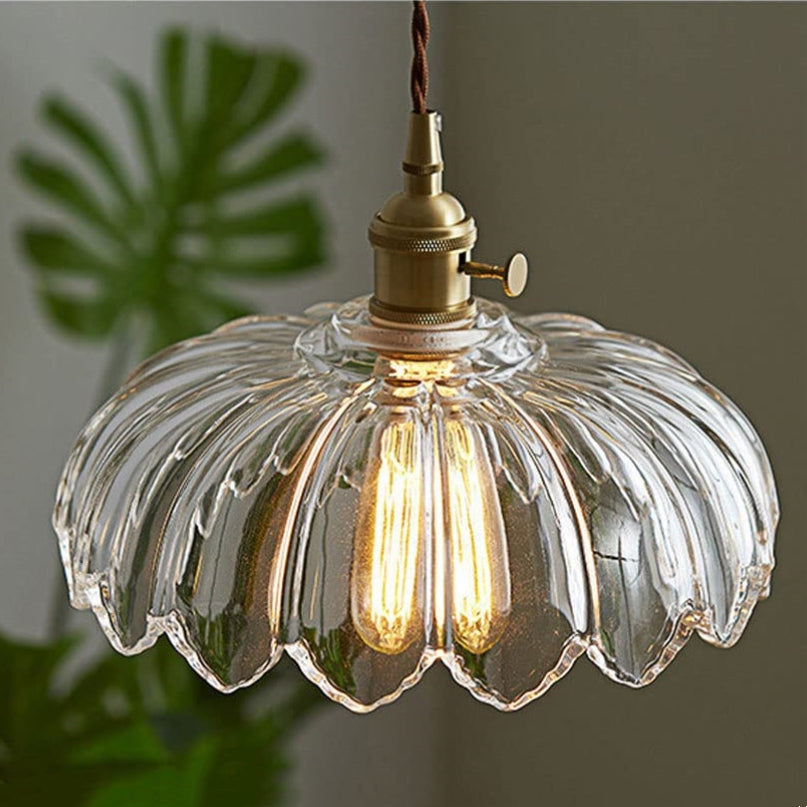 Floral Glass Shade Ceiling Fixture Green 10 Inch Adjustable Cord E27 Socket for Dining Room Kitchen Hallway Vintage Copper Accent Home Light