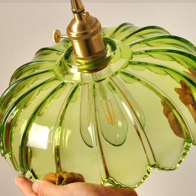 Floral Glass Shade Ceiling Fixture Green 10 Inch Adjustable Cord E27 Socket for Dining Room Kitchen Hallway Vintage Copper Accent Home Light
