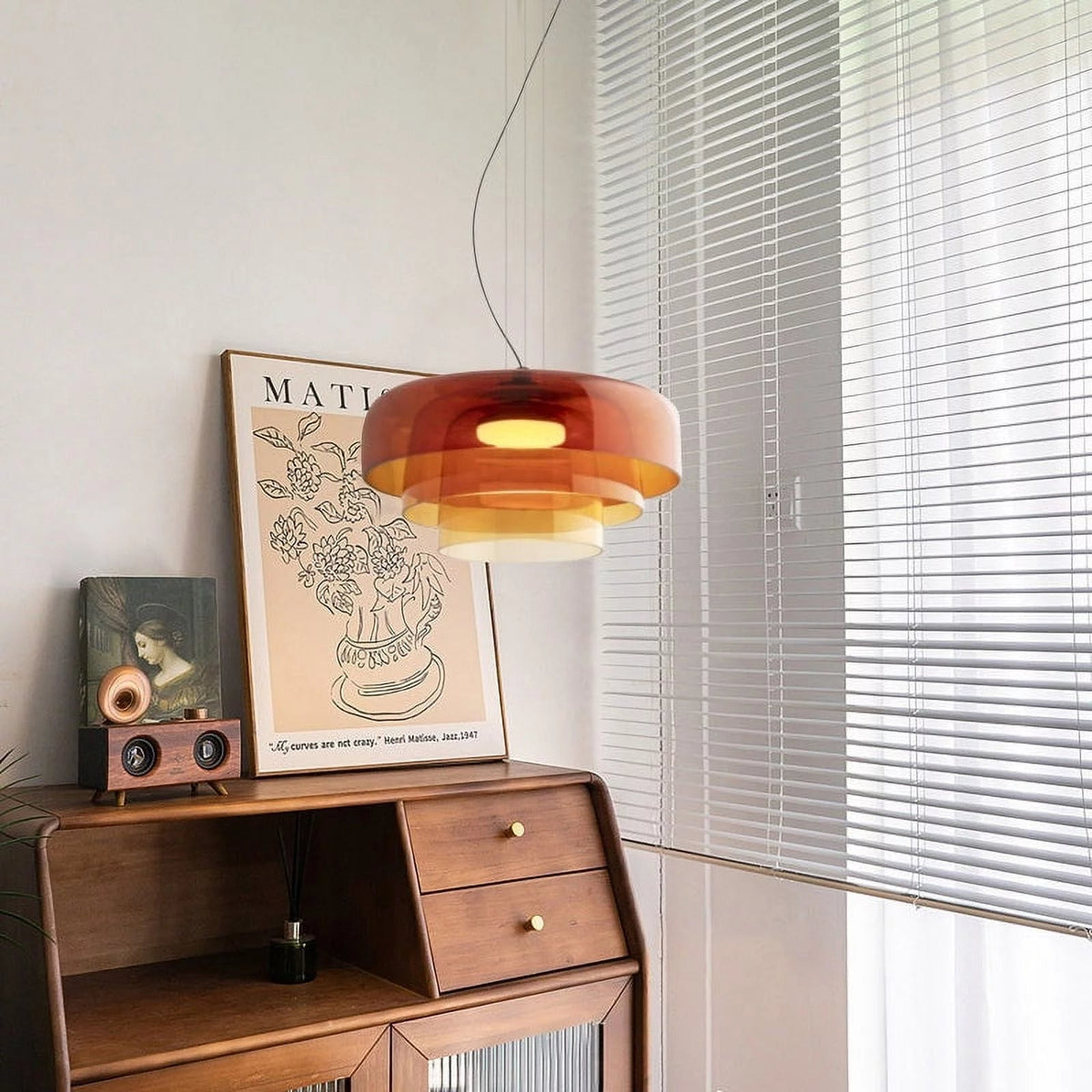 Layered Glass Hanging Light 16.5 in Orange for Kitchen Island & Dining Table – Adjustable Cord Suspension Fixture LED Included Modern Scandi
