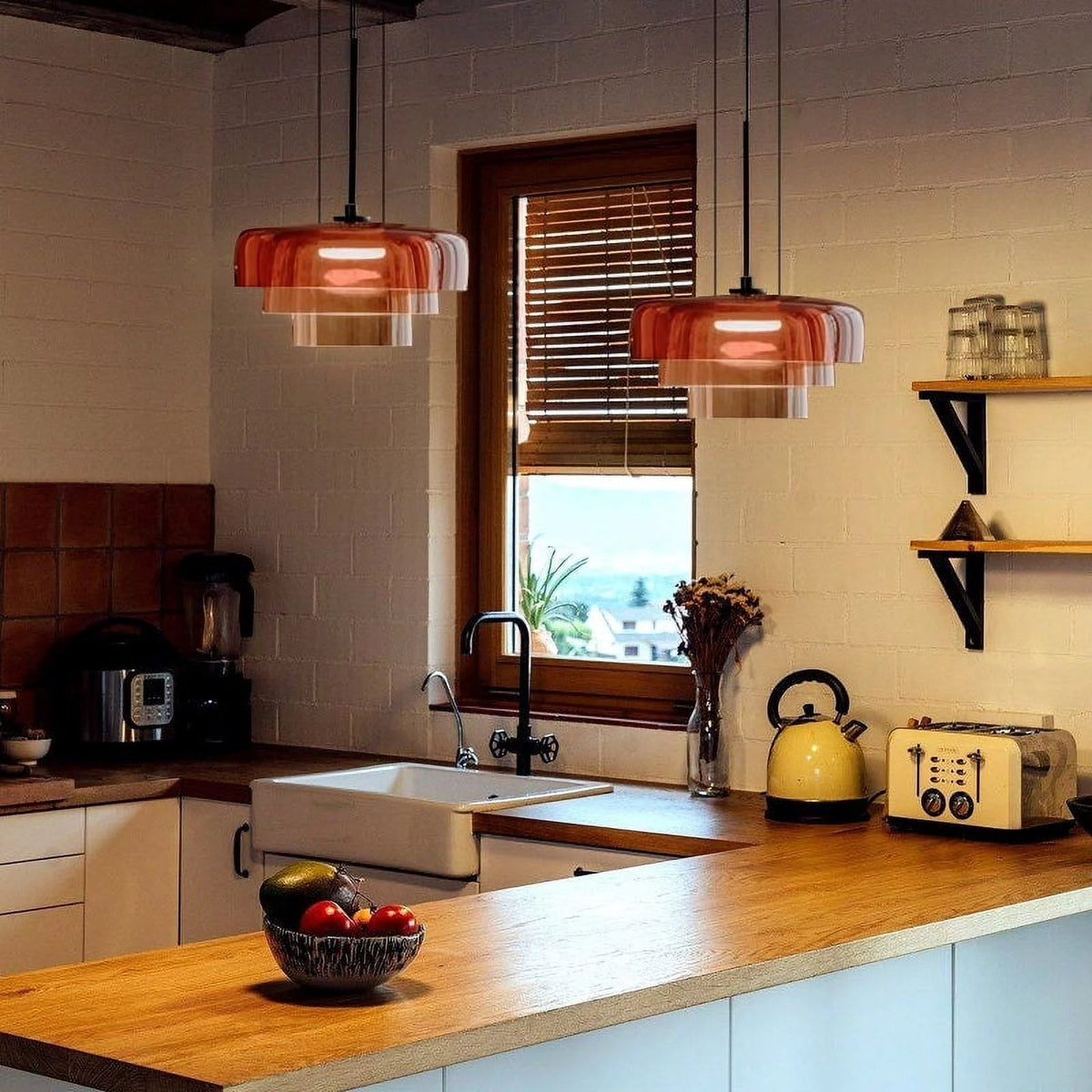 Layered Glass Hanging Light 16.5 in Orange for Kitchen Island & Dining Table – Adjustable Cord Suspension Fixture LED Included Modern Scandi