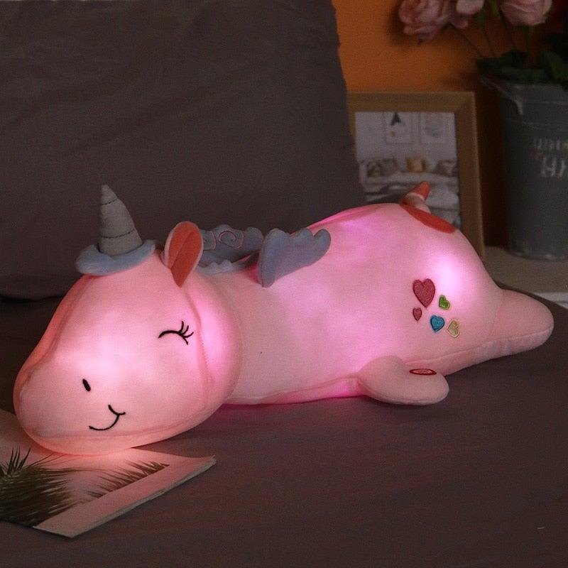 Glowing LED Unicorn Plush Toy for Kids Bedtime & Nursery Decor with Light-Up Rainbow Mane in Pink Blue White