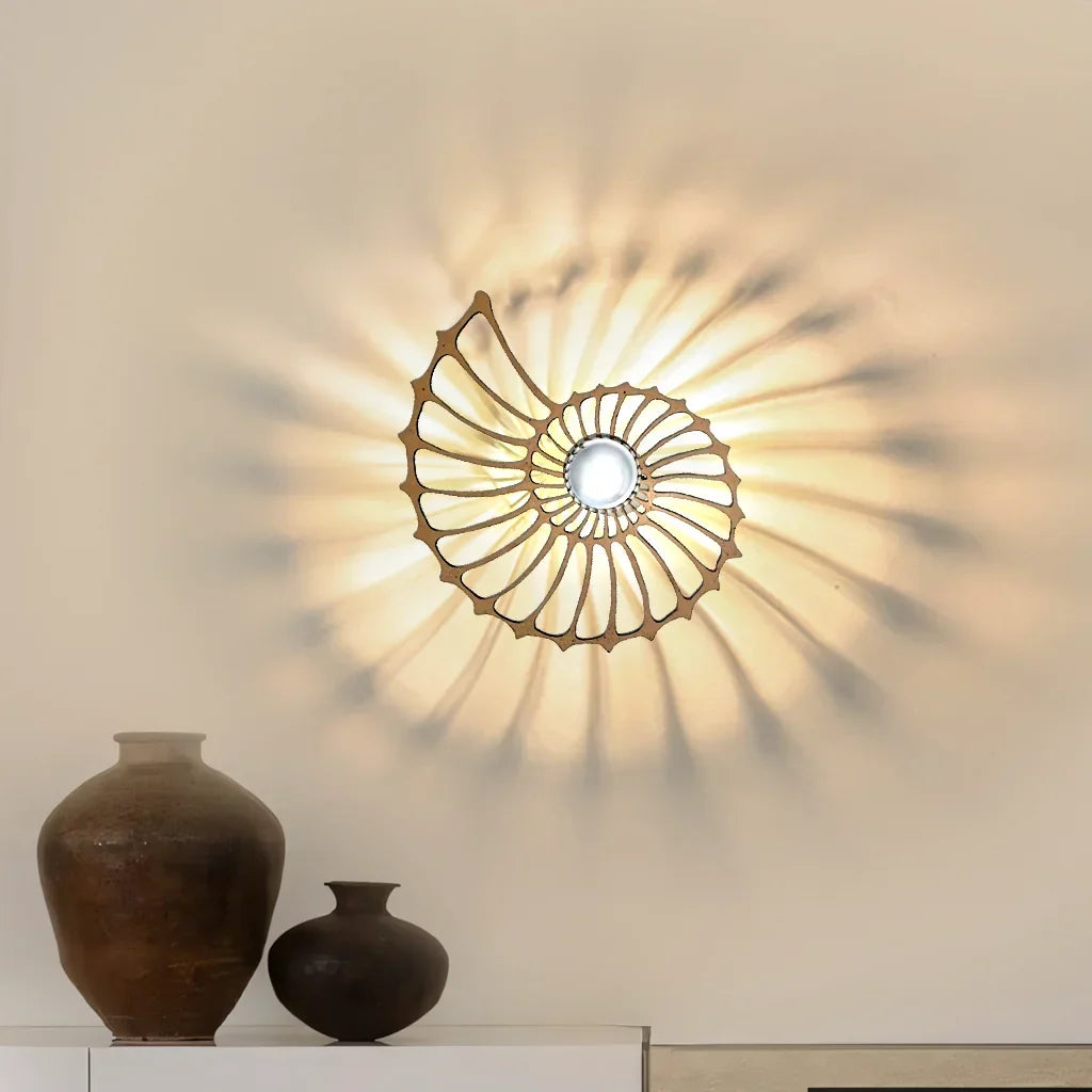Spiral Shell Accent Sconce with LED – Handcrafted Ceramic & Wood Fixture in Gold or Black for Entryways, Bedrooms & Hallways