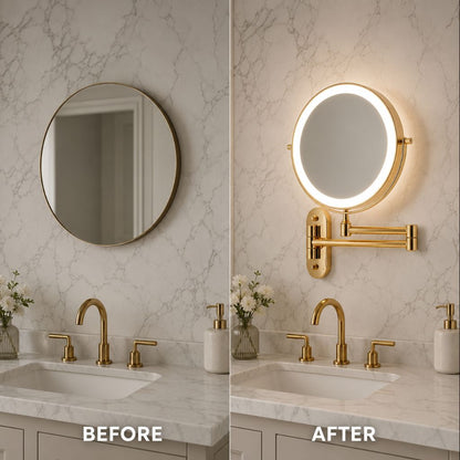 Wall-Mount Lighted Makeup Mirror Rechargeable Double-Sided Vanity Mirror 360° Swivel Adjustable Magnification Touch Control 3 Light Modes