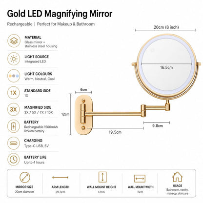 Wall-Mount Lighted Makeup Mirror Rechargeable Double-Sided Vanity Mirror 360° Swivel Adjustable Magnification Touch Control 3 Light Modes