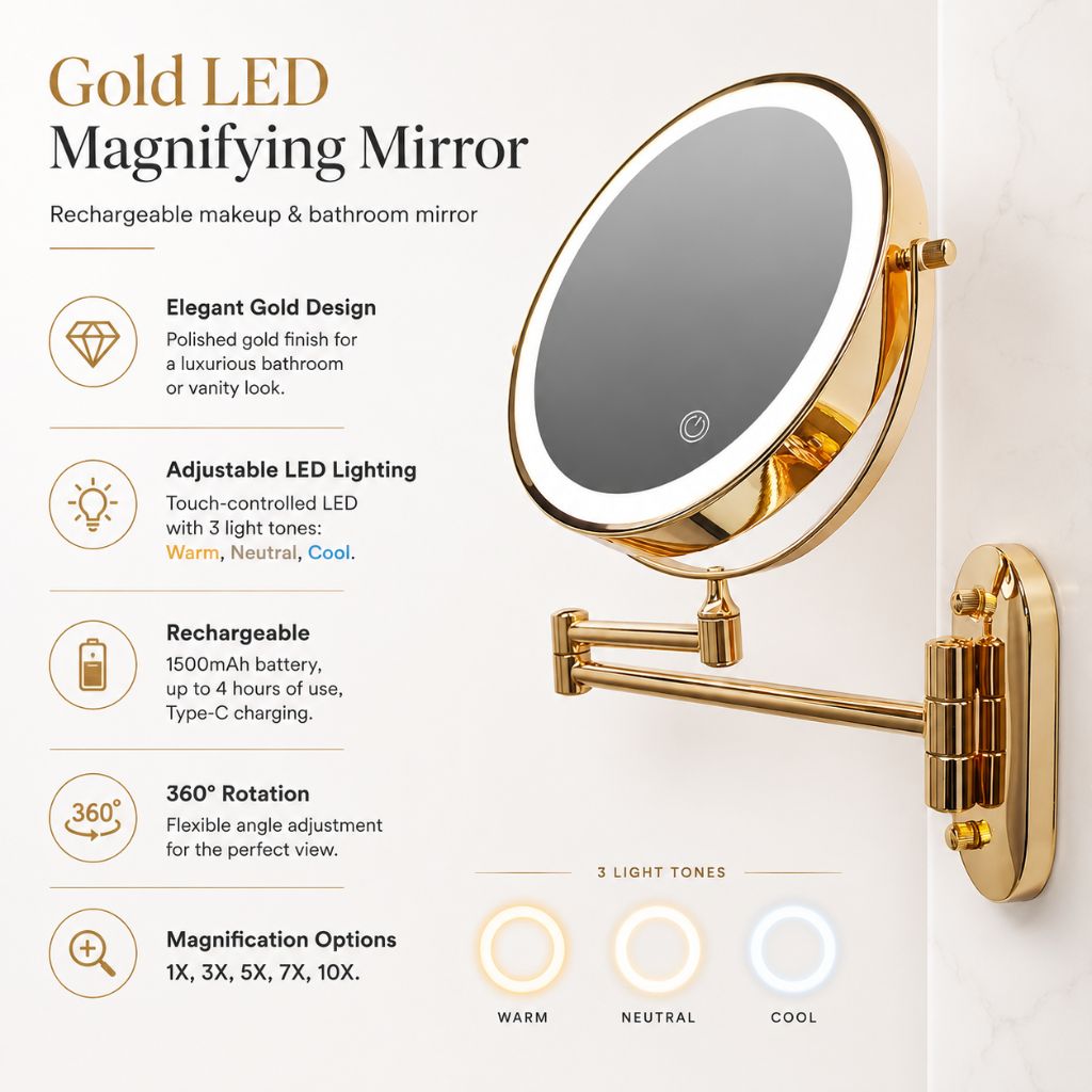 Wall-Mount Lighted Makeup Mirror Rechargeable Double-Sided Vanity Mirror 360° Swivel Adjustable Magnification Touch Control 3 Light Modes