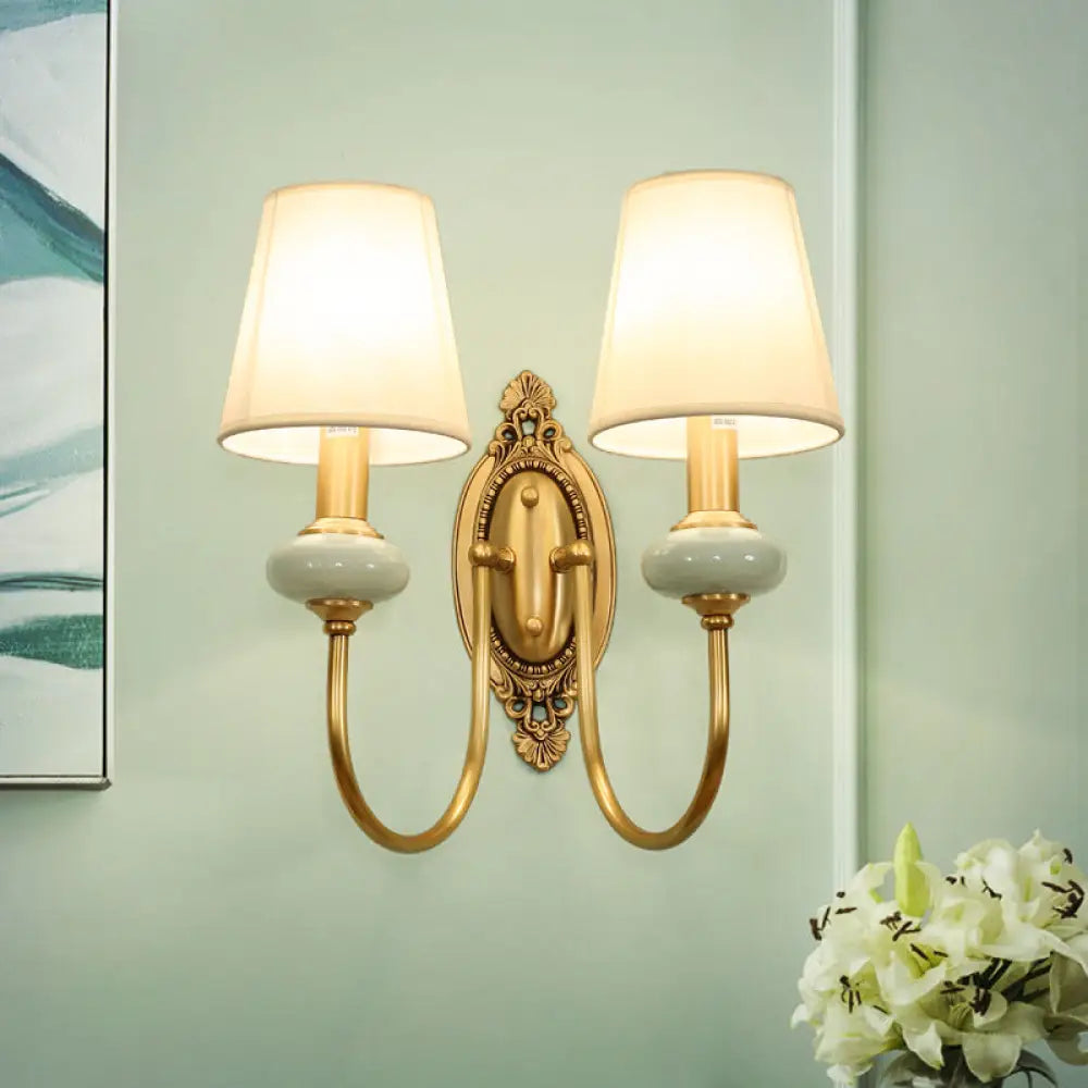 Curved Arm Wall Sconce with Fabric Shade & Jade Accent — 1 or 2 Lights — Brushed Brass Finish for Living Room, Bedroom, Hallway