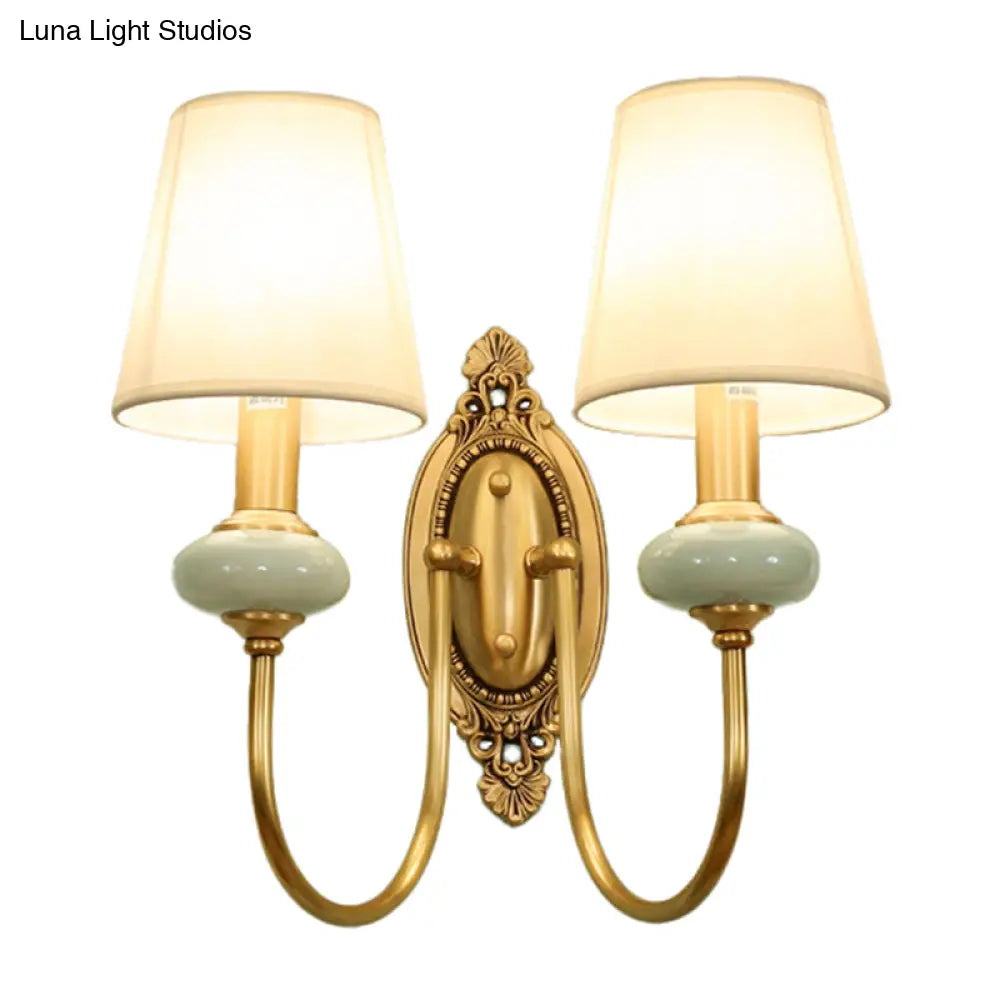 Curved Arm Wall Sconce with Fabric Shade & Jade Accent — 1 or 2 Lights — Brushed Brass Finish for Living Room, Bedroom, Hallway