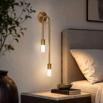 Vertical Brass Wall Light Dual Cylinder Sconce Frosted Shade Mid-Century for Bedroom Hallway Vanity Accent Lighting Contemporary Metal