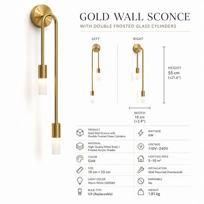 Vertical Brass Wall Light Dual Cylinder Sconce Frosted Shade Mid-Century for Bedroom Hallway Vanity Accent Lighting Contemporary Metal