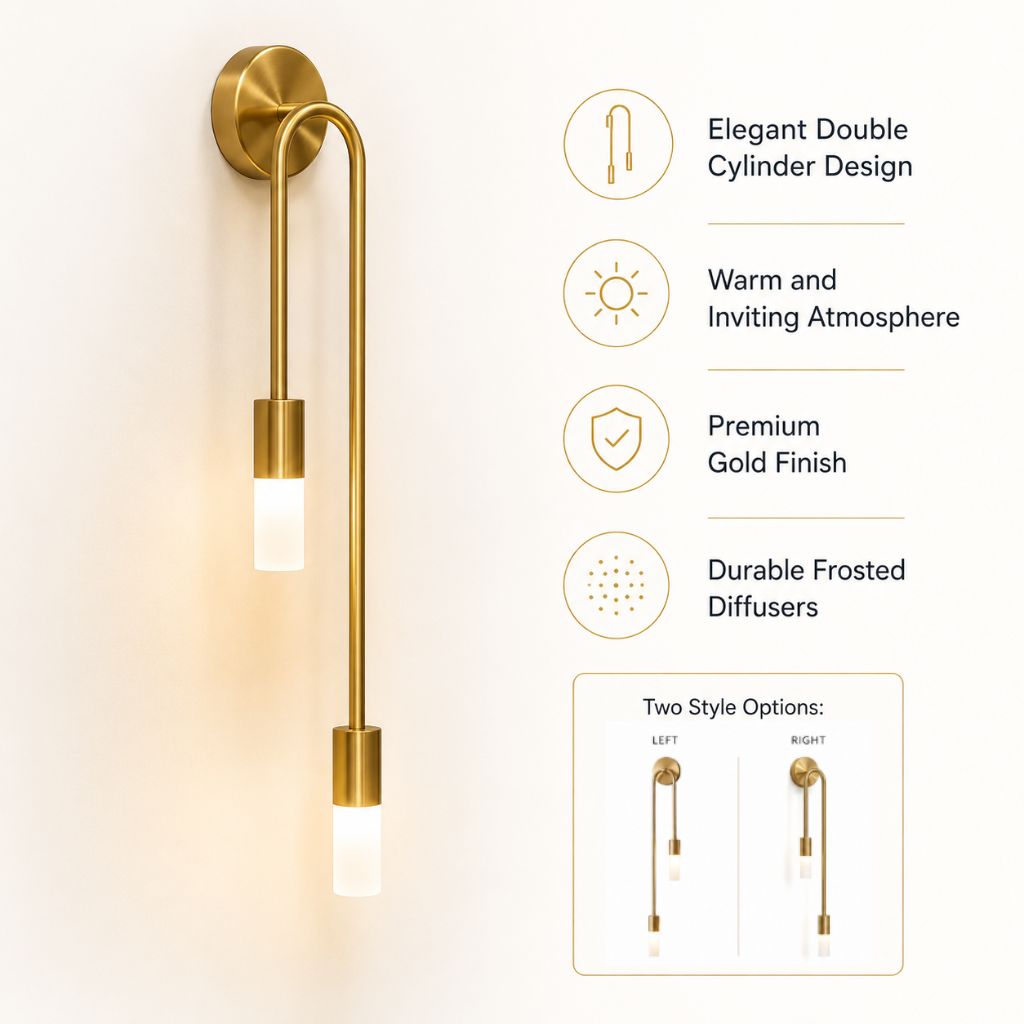 Vertical Brass Wall Light Dual Cylinder Sconce Frosted Shade Mid-Century for Bedroom Hallway Vanity Accent Lighting Contemporary Metal