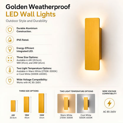 Outdoor Aluminum LED Wall Sconce Gold Finish IP65 Weatherproof Hardwired for Patio Porch Entryway 6W 18W 24W Options 2700K 6500K Lighting