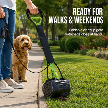 Ortekor Foldable Long-Handle Dog Pooper Scooper for Yard & Walks - One-Hand Bag-Lined Pickup