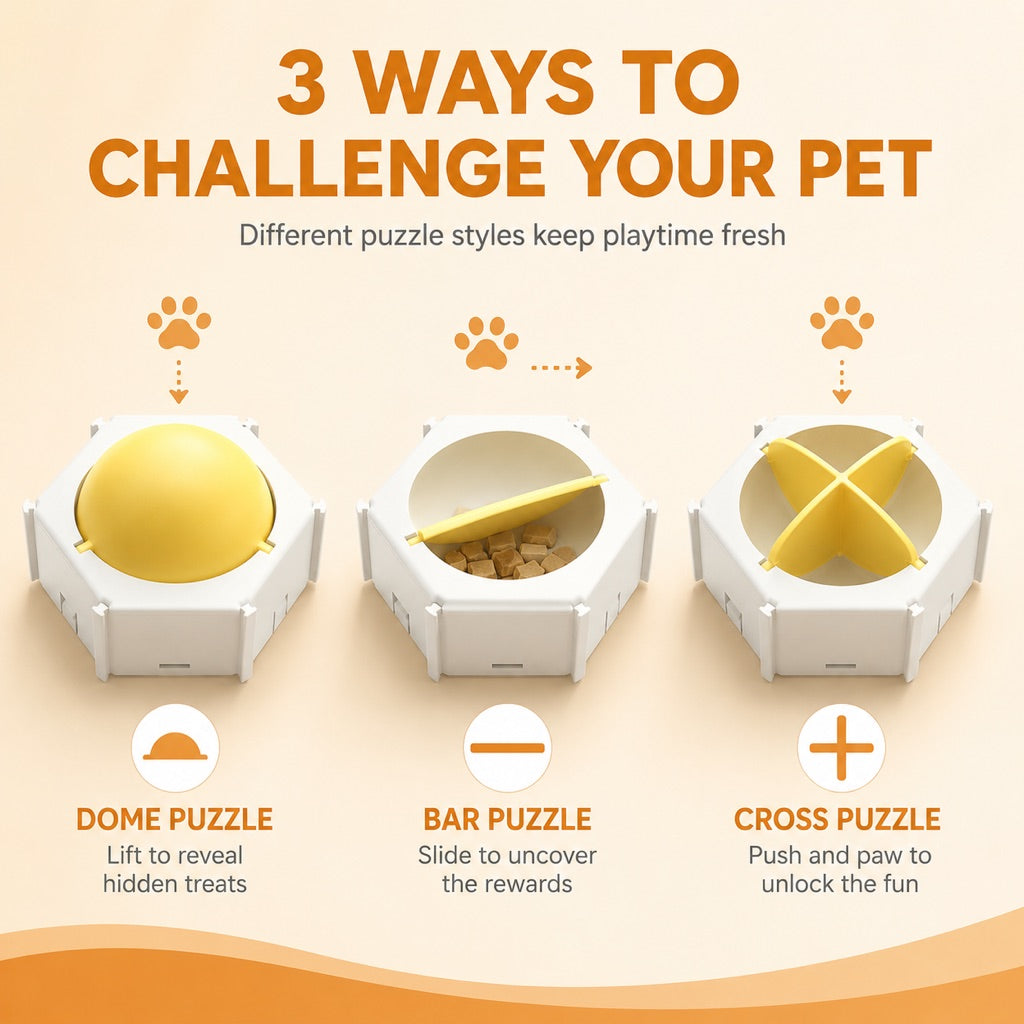 Ortekor Modular Cat Puzzle Feeder Toy for Indoor Treat Time - Hexagon Slow Feeder Enrichment Game to Keep Bored Cats Busy