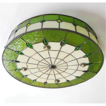 Stained Glass Flush Mount Ceiling Fixture 20 Inch Green Art Deco Multi-Light for Bedroom Living Room Dining Room Kitchen Hallway Low Ceiling