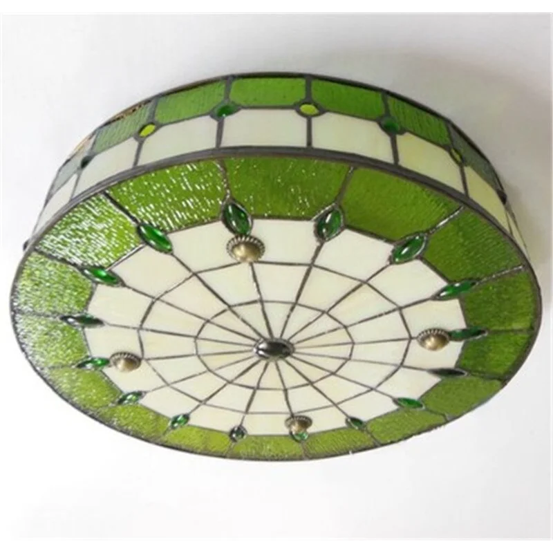 Stained Glass Flush Mount Ceiling Fixture 20 Inch Green Art Deco Multi-Light for Bedroom Living Room Dining Room Kitchen Hallway Low Ceiling