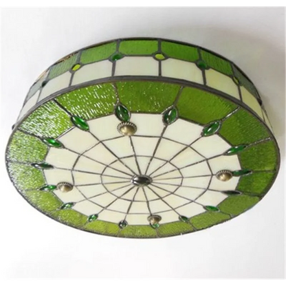 Stained Glass Flush Mount Ceiling Fixture 20 Inch Green Art Deco Multi-Light for Bedroom Living Room Dining Room Kitchen Hallway Low Ceiling