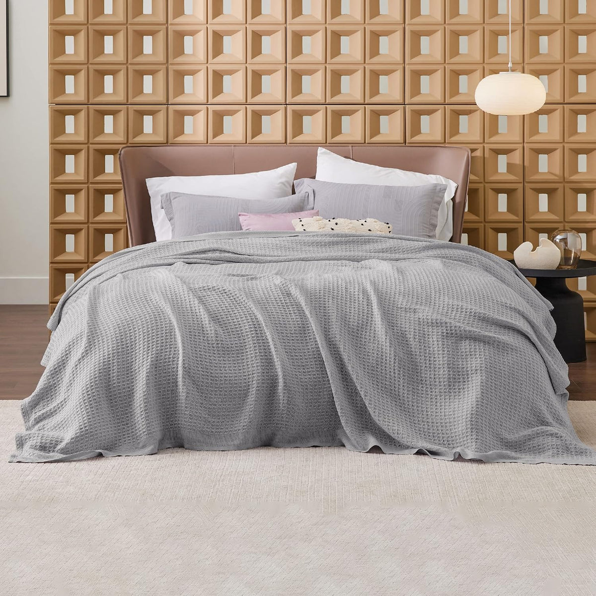 Cotton Throw Blanket for Bed, Waffle Weave Queen Size Blanket for All Seasons, Soft Breathable Cotton Blanket for Couch