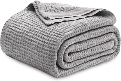 Cotton Throw Blanket for Bed, Waffle Weave Queen Size Blanket for All Seasons, Soft Breathable Cotton Blanket for Couch