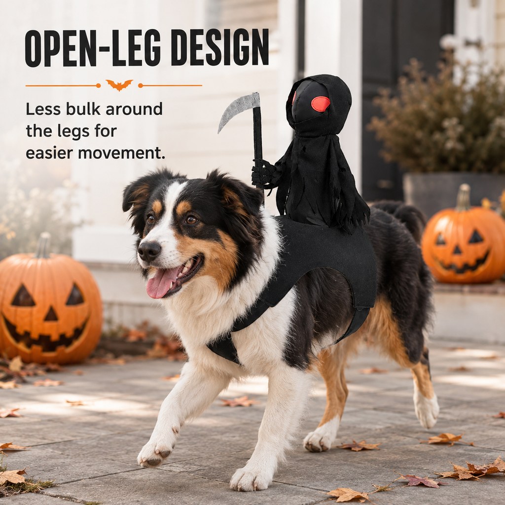 Ortekor Grim Reaper Rider Pet Costume – Adjustable 3D Halloween Outfit for Trick-or-Treat, Parties & Photos