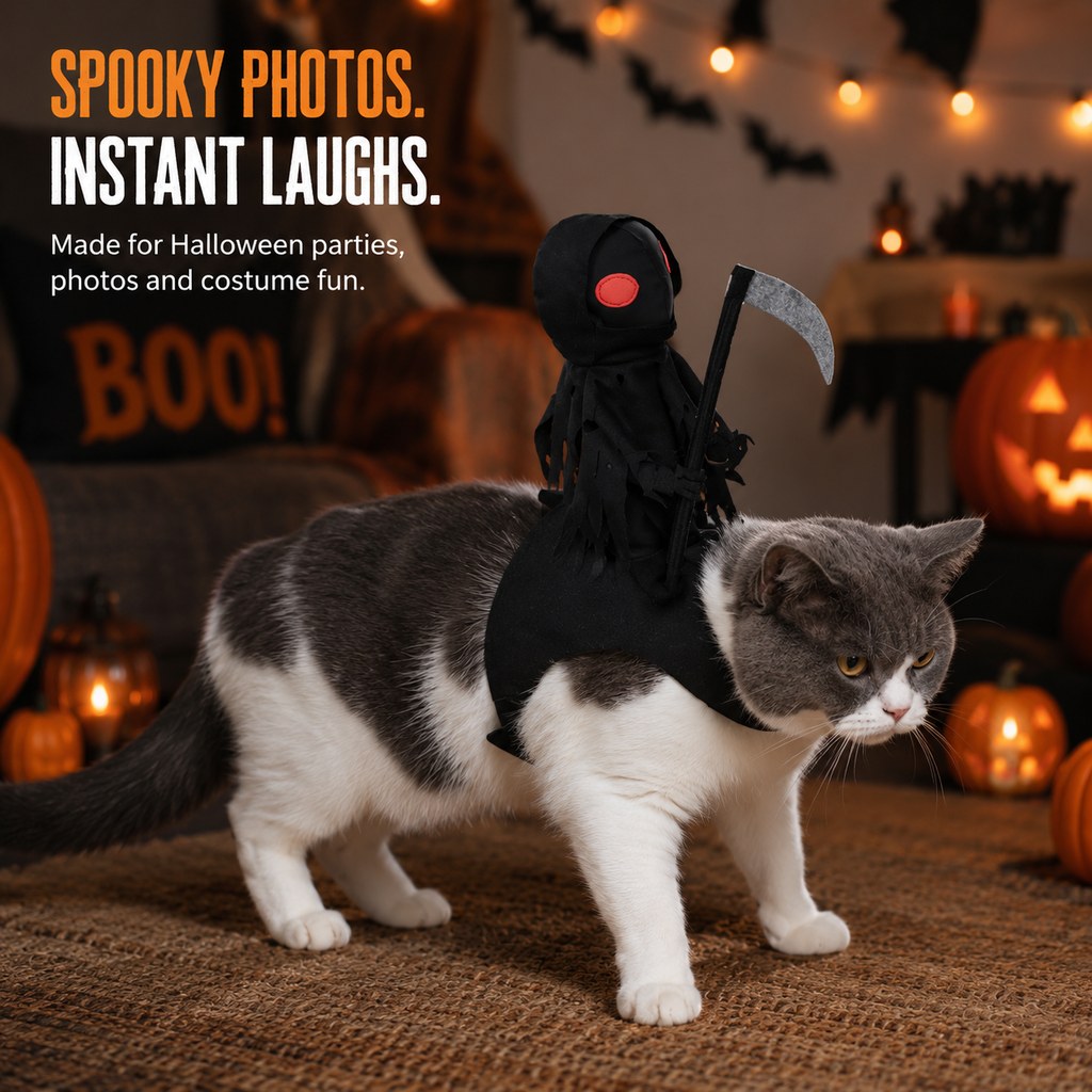 Ortekor Grim Reaper Rider Pet Costume – Adjustable 3D Halloween Outfit for Trick-or-Treat, Parties & Photos