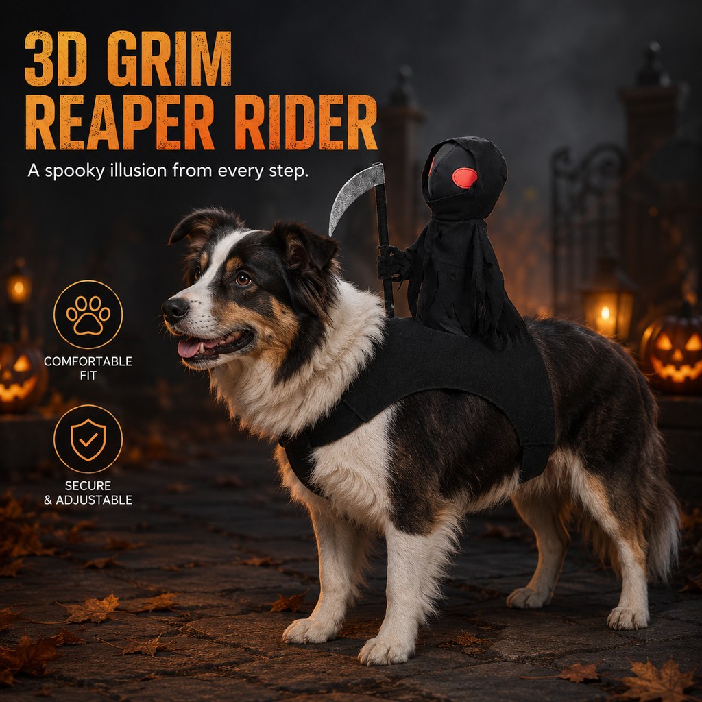 Ortekor Grim Reaper Rider Pet Costume – Adjustable 3D Halloween Outfit for Trick-or-Treat, Parties & Photos