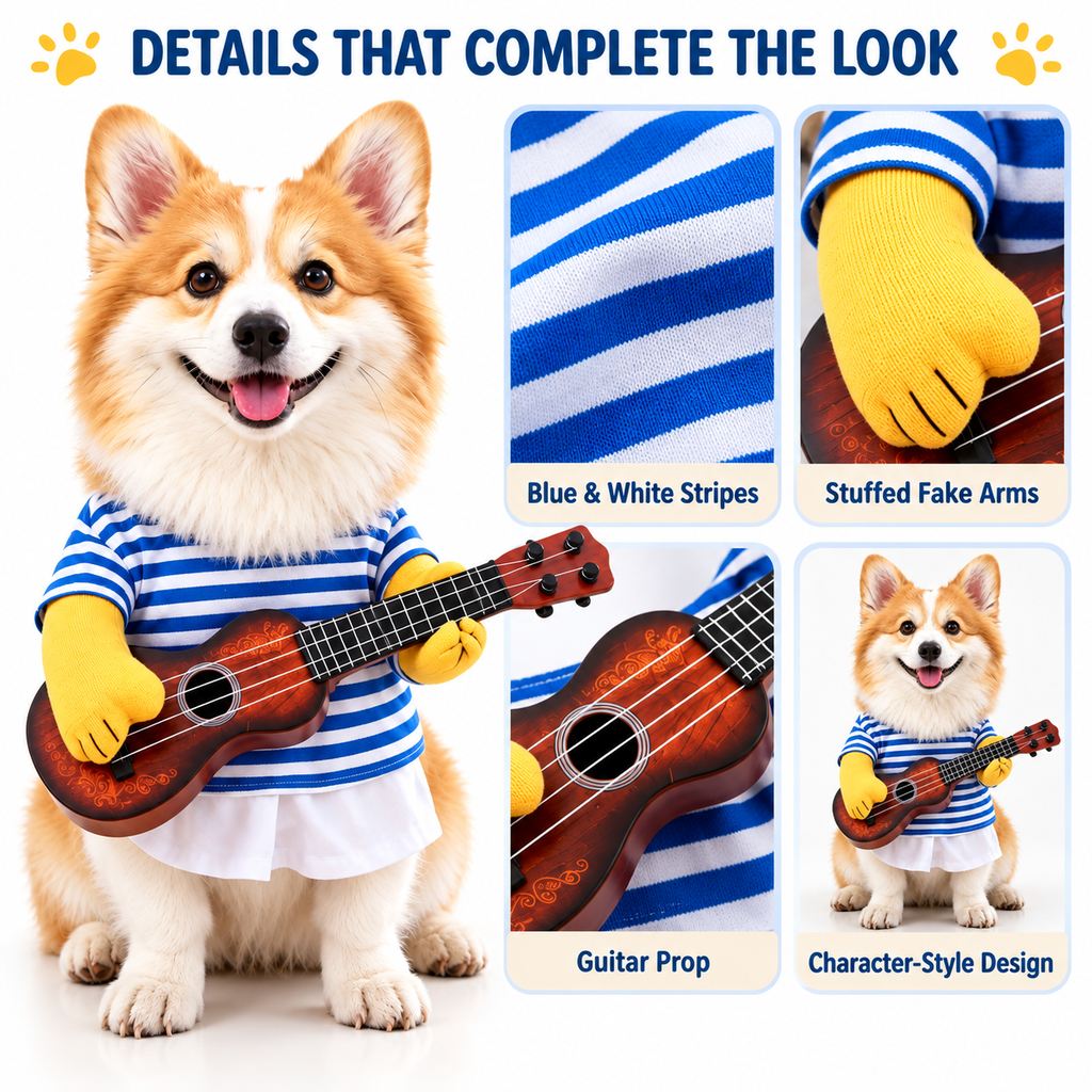 Ortekor Funny Guitar Player Dog Costume with Fake Arms & Guitar - Halloween Party Outfit for Instant Photo-Ready Fun