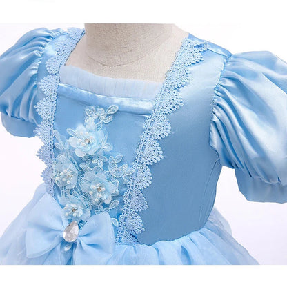 Girls Dress Princess Lace Party Gown with Puff Sleeves, Princess Dresses for Girls Birthday Halloween Costume Ages 3 to 10