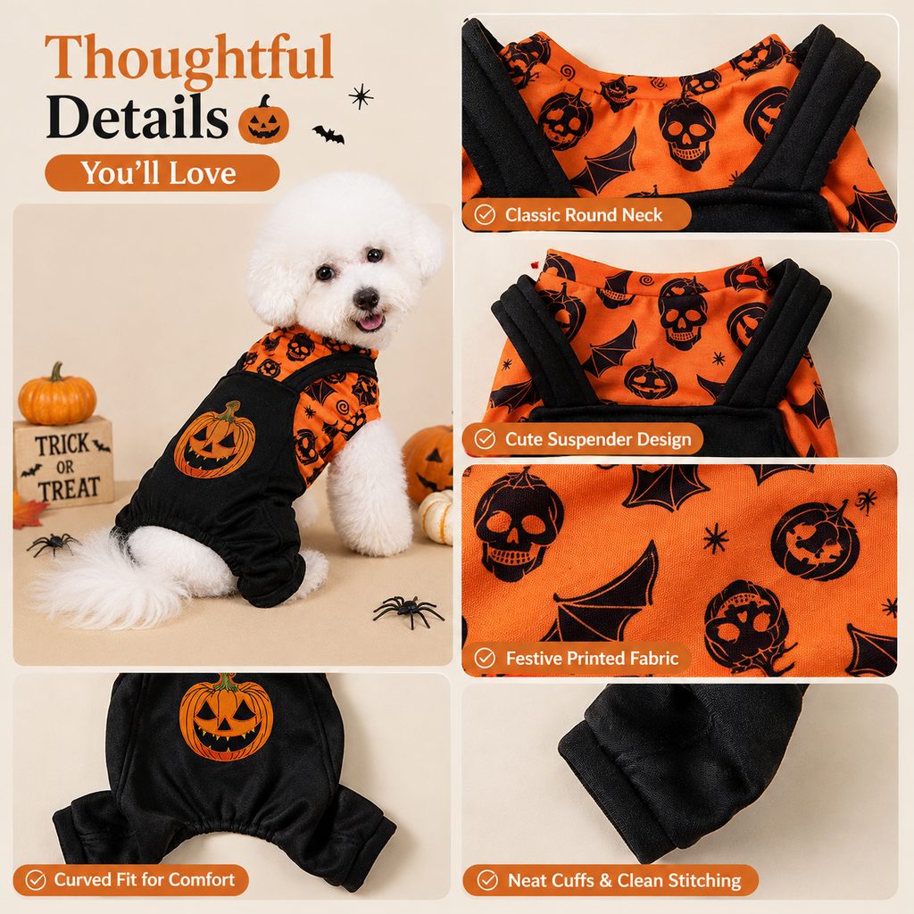 Ortekor Halloween Dog Jumpsuit for Parties & Photos - Soft Pumpkin Pet Costume