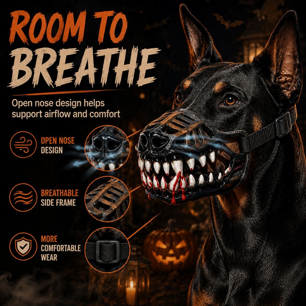 Ortekor Halloween Monster Dog Muzzle Costume - Adjustable Open-Nose Fang Mask for Parties, Photos & Spooky Walks