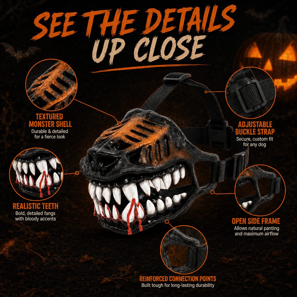 Ortekor Halloween Monster Dog Muzzle Costume - Adjustable Open-Nose Fang Mask for Parties, Photos & Spooky Walks