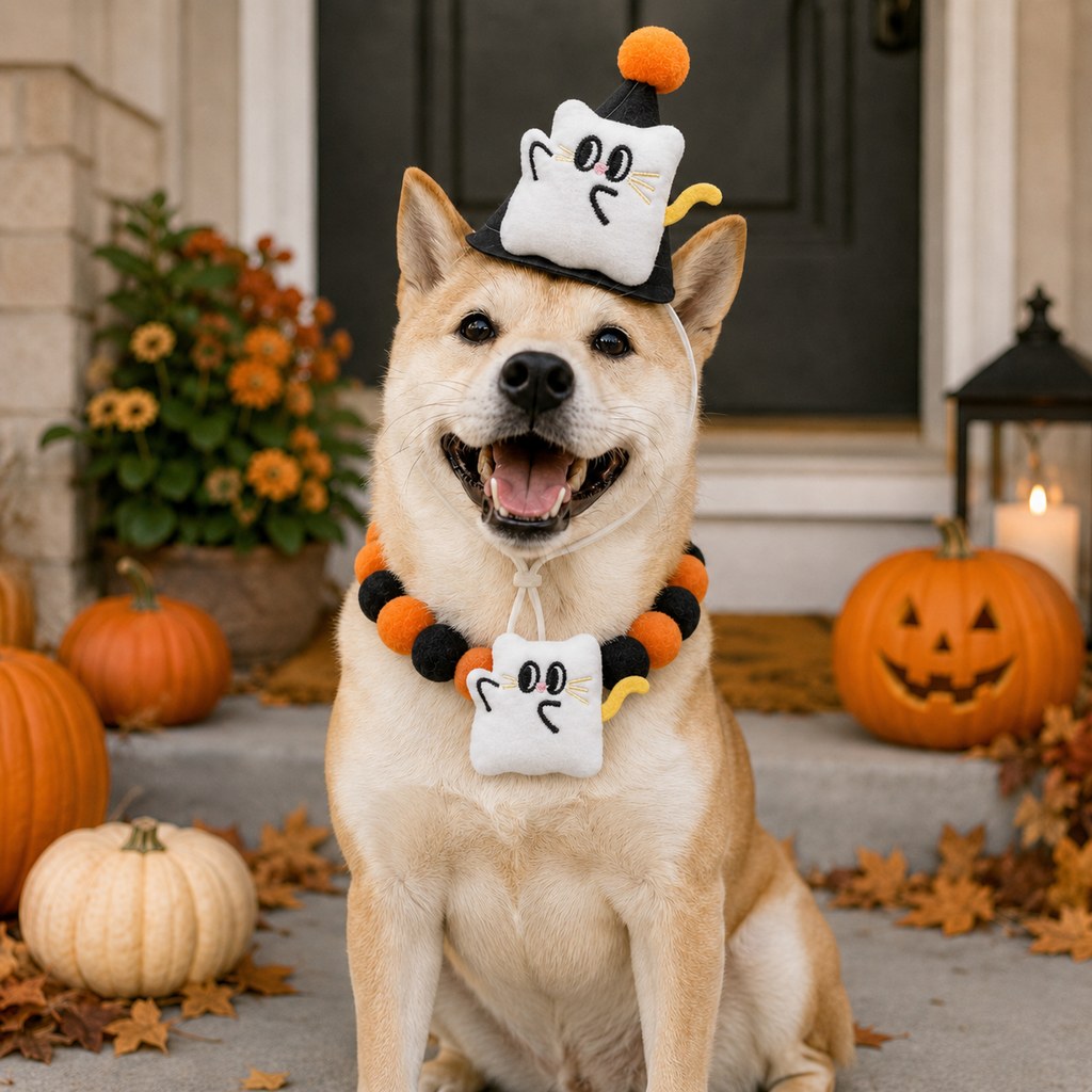 Ortekor Halloween Pet Hat & Pom-Pom Collar Set for Dogs & Cats – Easy 2-Piece Costume for Parties, Trick-or-Treating & Photos