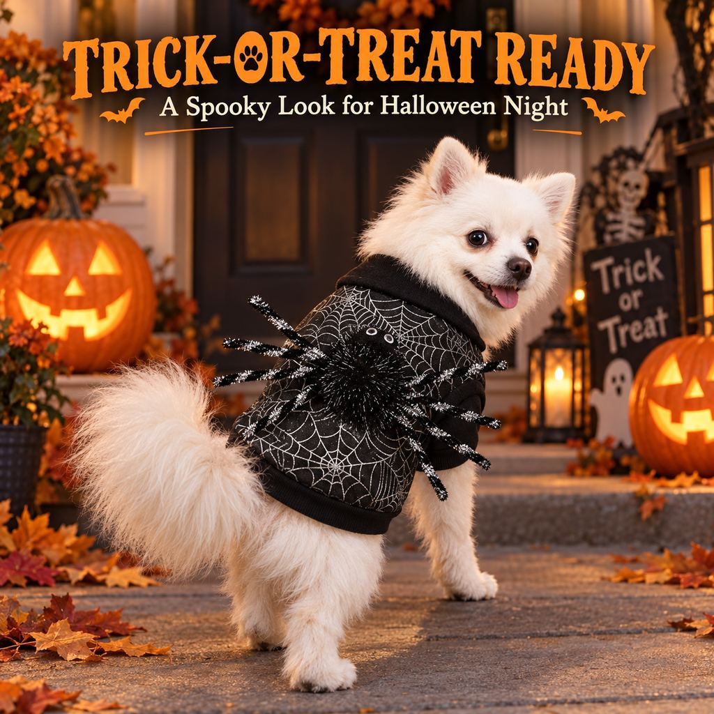 Ortekor Halloween Spider Web Dog Costume with 3D Spider - Easy Two-Leg Pet Outfit for Trick-or-Treat, Parties & Photos