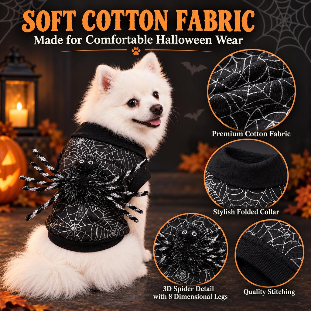 Ortekor Halloween Spider Web Dog Costume with 3D Spider - Easy Two-Leg Pet Outfit for Trick-or-Treat, Parties & Photos
