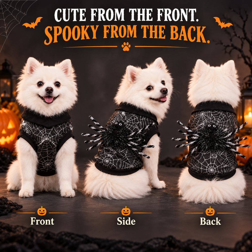 Ortekor Halloween Spider Web Dog Costume with 3D Spider - Easy Two-Leg Pet Outfit for Trick-or-Treat, Parties & Photos