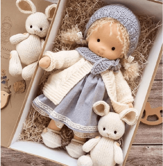 Handmade Waldorf Doll 11 Inch – Natural Cotton & Wool, Soft Knit Dress, Heirloom Quality for Kids 3+