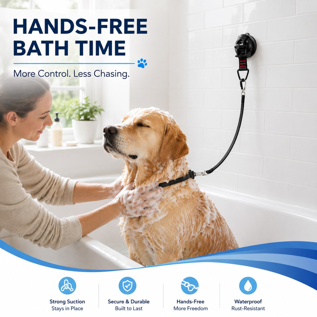 Ortekor Hands-Free Dog Bathing & Grooming Suction Cup Tether - Less Chasing, Easier At-Home Grooming